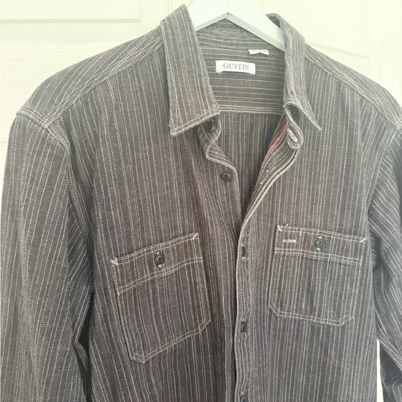 Gustin #8 Japan Wabisabi Workshirt Gray Stripe Button Down Shirt Long Sleeve XXL - Picture 5 of 9